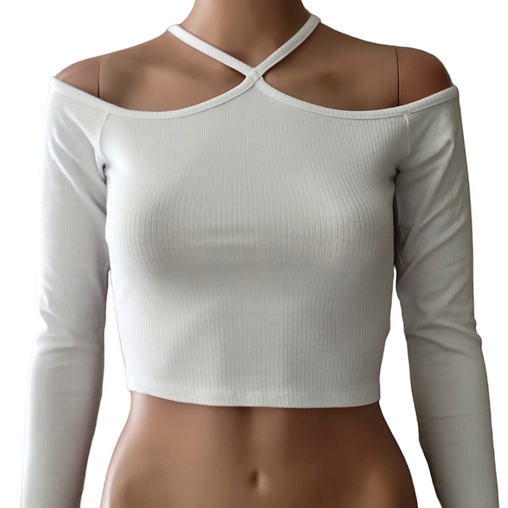 White, ribbed, long sleeve crop top sweater